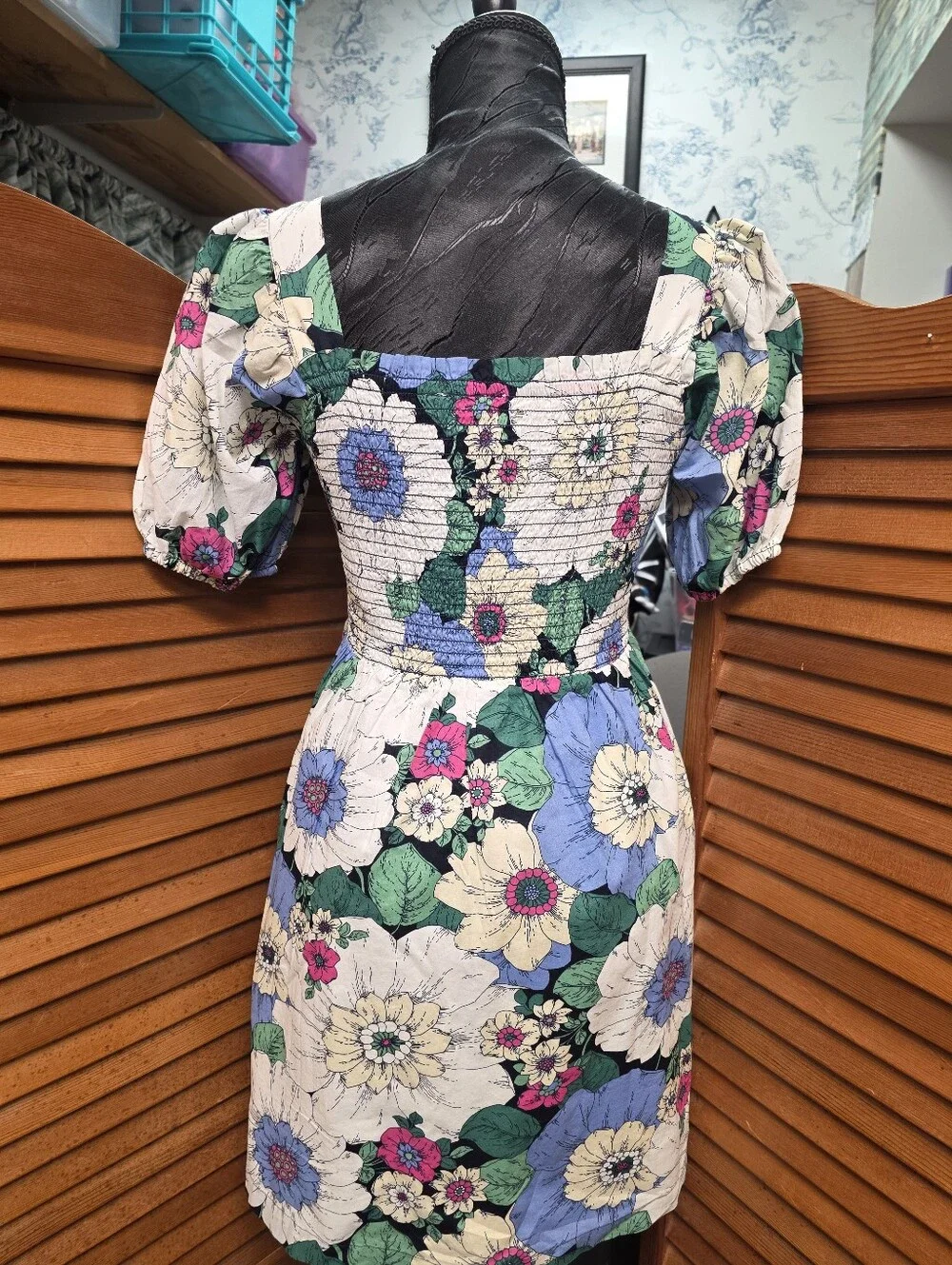 Gap Kids Girls Smocked Puff Sleeve Floral Dress Blue Green Cotton Size XL